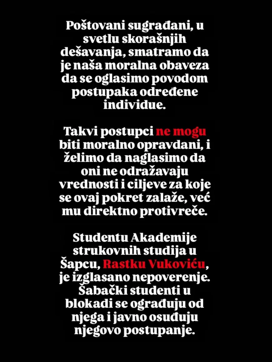 Saopštenje Šabačkih studenata u blokadi