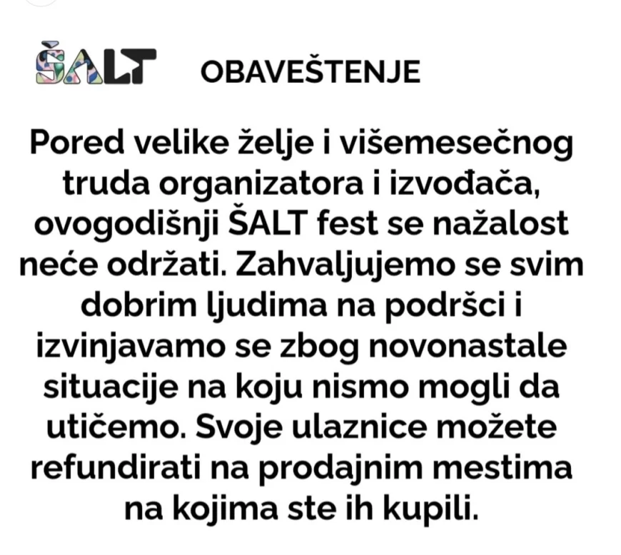 OTKAZAN ovogodišnji ŠALT fest