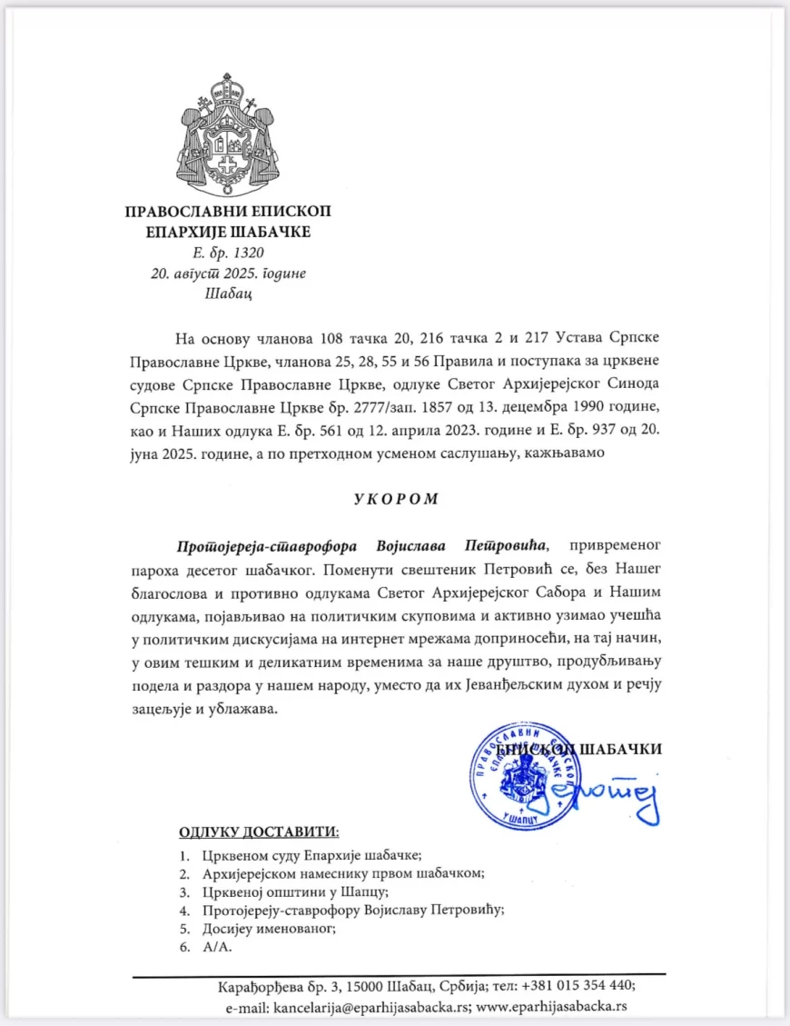 Pop Voja dobio ukor od episkopa: „Produbljuje podele u narodu“