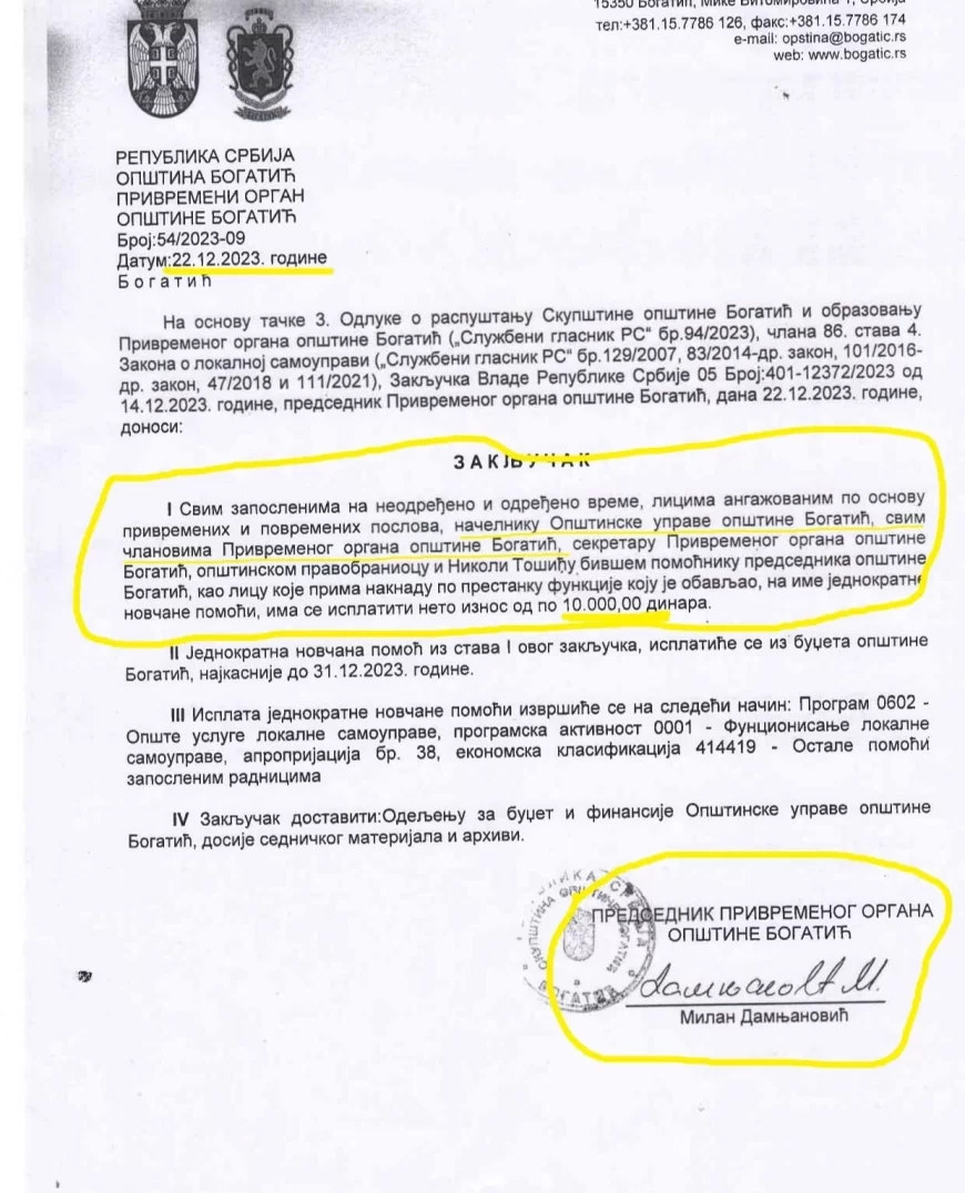 Pobeda za Mačvu: Predsednik opštine Bogatić sebi i saradnicima isplatio po 20 hiljada dinara pomoći