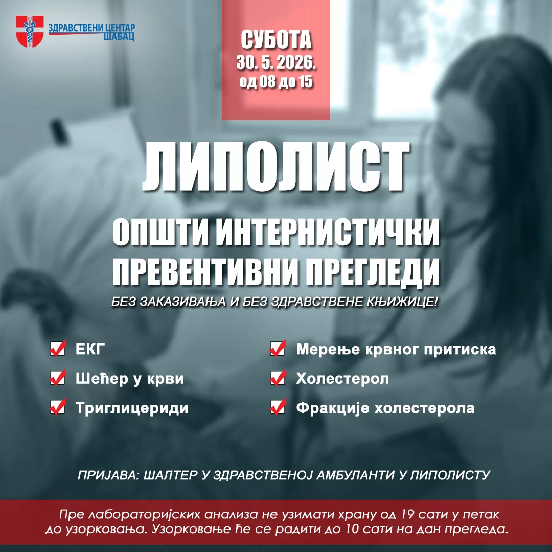 U SUBOTU OPŠTI INTERNISTIČKI PREVENTIVNI PREGLEDI U LIPOLISTU
