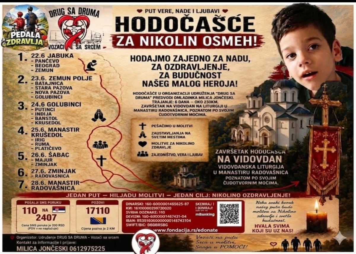 Hodočašće za Nikolin osmeh: Petnaestogodišnja Milica pešači više od 230 kilometara do manastira Radovašnica
