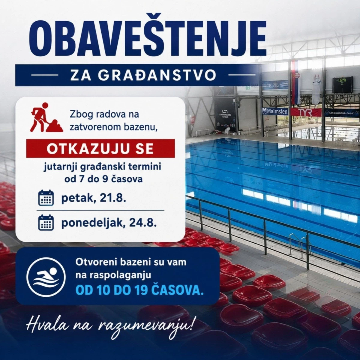 Zbog radova na zatvorenom bazenu otkazuju se građanski termini